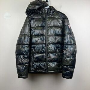 Guess Black Camo Puffer Jacket With Hood and Pockets Size S